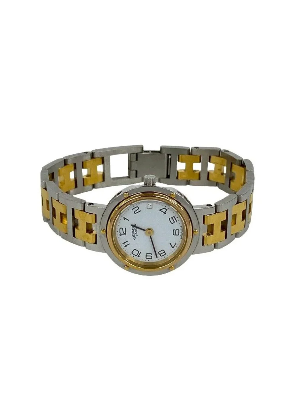 Hermes Clipper Stainless Steel Quartz Watch Wristwatch Silver Gold